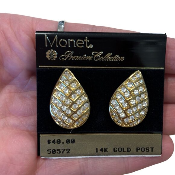 Vintage Monet Premier Collection Earrings 14kt Gold Post Crystal NWT - Picture 5 of 6